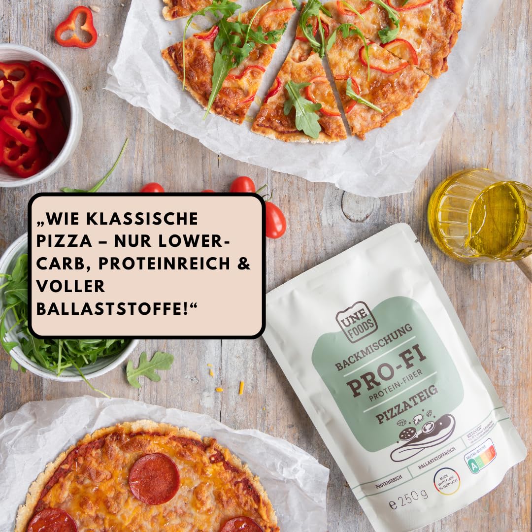 UNE FOODS PREMIUM Pro-Fi – Low-Carb Protein Pizza Backmischung – 250 g | Ballaststoffreich & Eiweißreich | Ohne Zuckerzusatz | Pizzateig zum Selbermachen