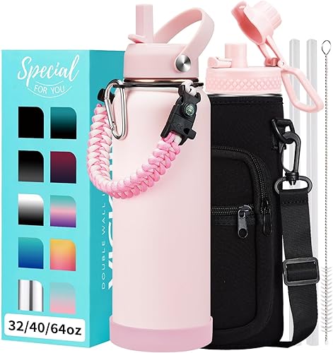 Miniatura 48 de Botellas de agua de 32 onzas aisladas con pajita y tapa para beber de un sorbo, asa de paracord, bolsa de transporte con correa, termo de triple