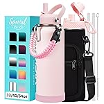 Pink 40 oz Insulated Water Bottle - with Straw Spout Lids, Triple Wall Stainless Steel Water Bottles Cold 48H Hot 24H, Wide Mouth Hydro Bottle Metal Flask with Handle, Strap Carrier Bag for Women