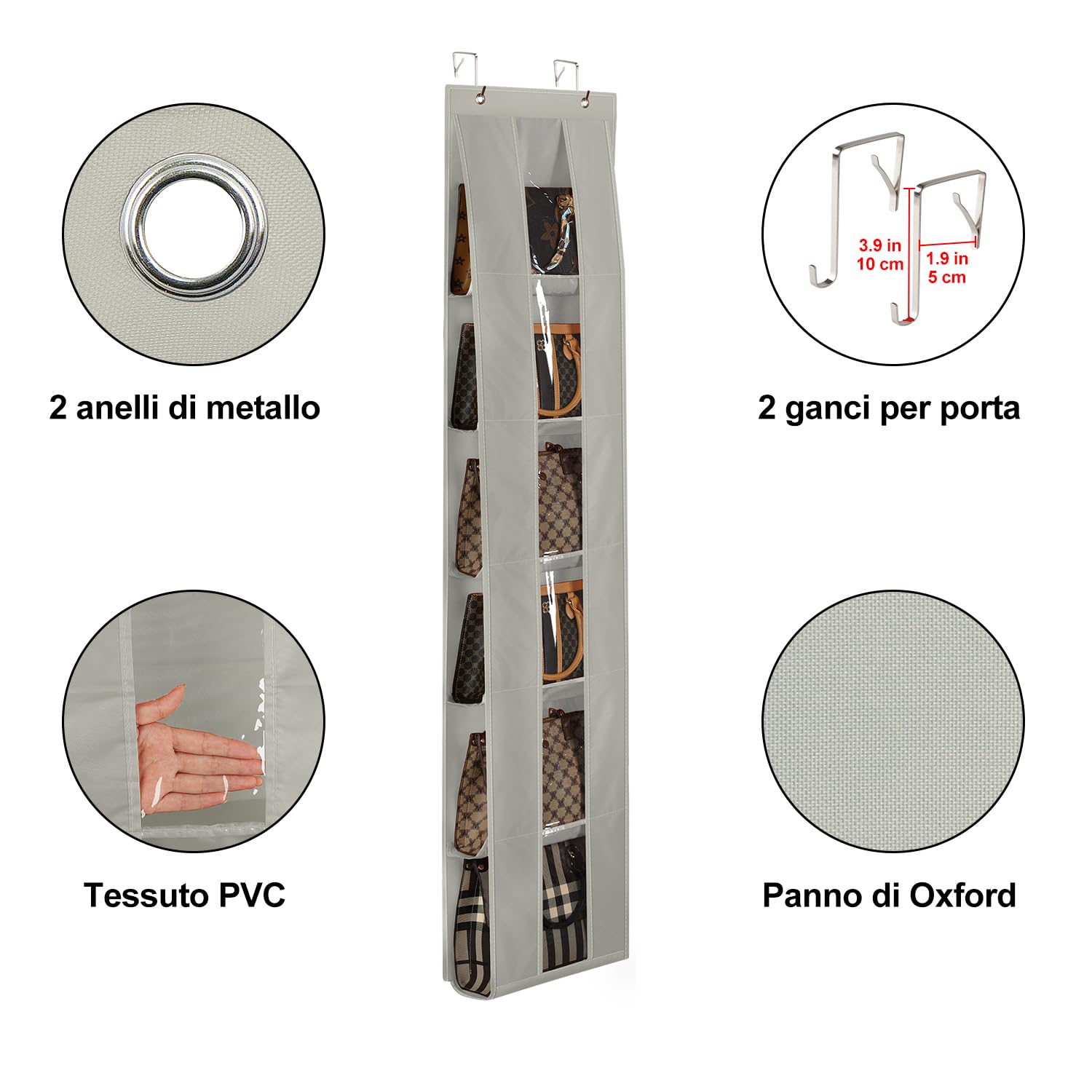 Lirex Organizer per Borse da Porta, Confezione da 2 con 6 Ripiani, Salvaspazio per Porta o Armadio, Per Stoccaggio e Organizzazione Borse, Appendiaborsa, Grigio