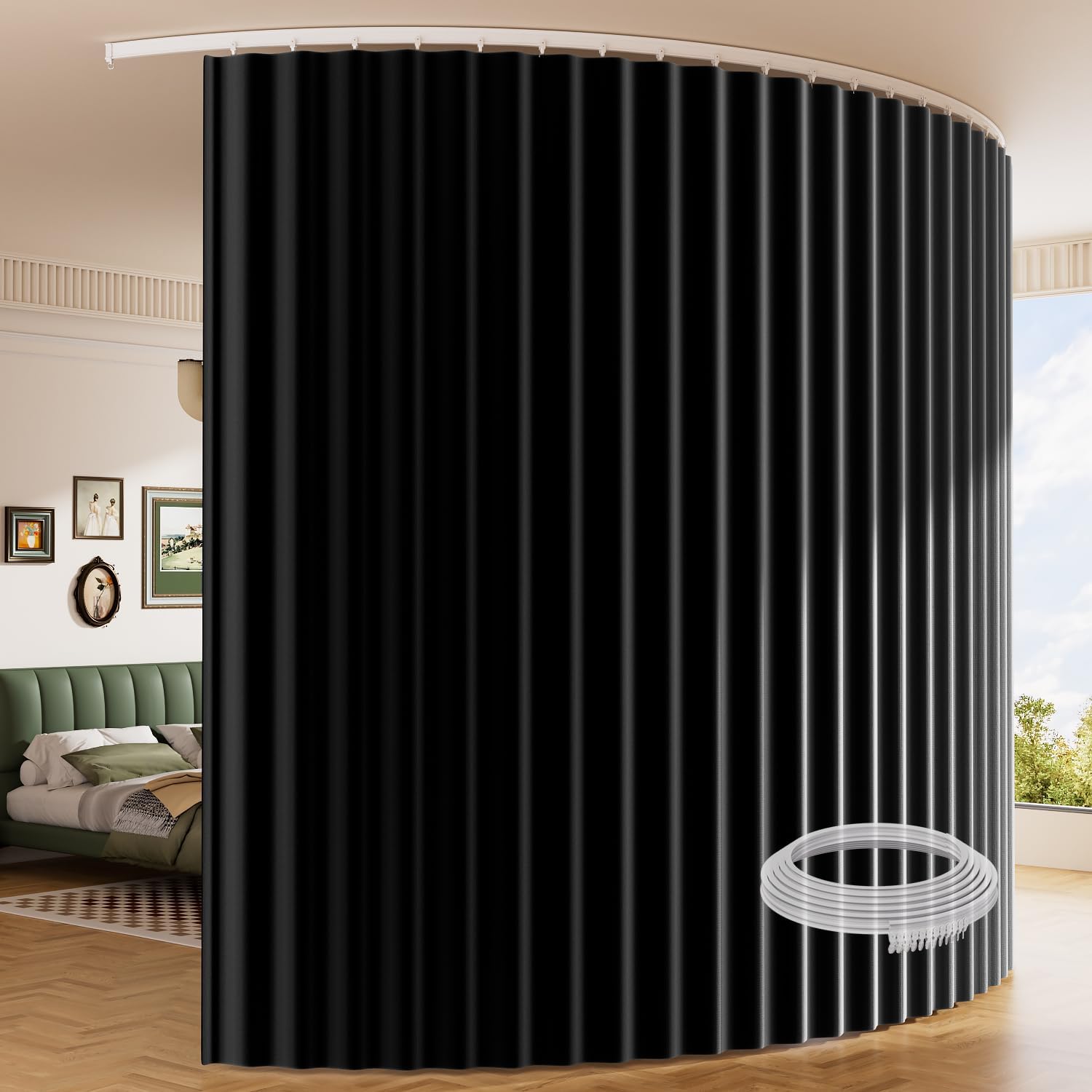 Room Divider Ceiling Curtain W/Flexible Track Sets, (120W x 96L) inch Extra Long Blackout Curtains for Bedroom Ceilling Mount Wall Divider for Room Partition, Privacy Room Divider Panel, Black Drape