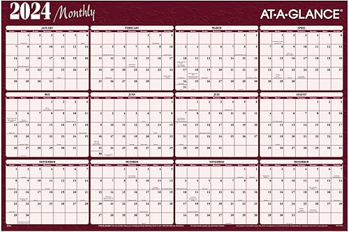 AT-A-GLANCE - Calendario anual horizontal reversible borrable de pared, 48 x 32 pulgadas, rojo, enero a diciembre de 2024, A152