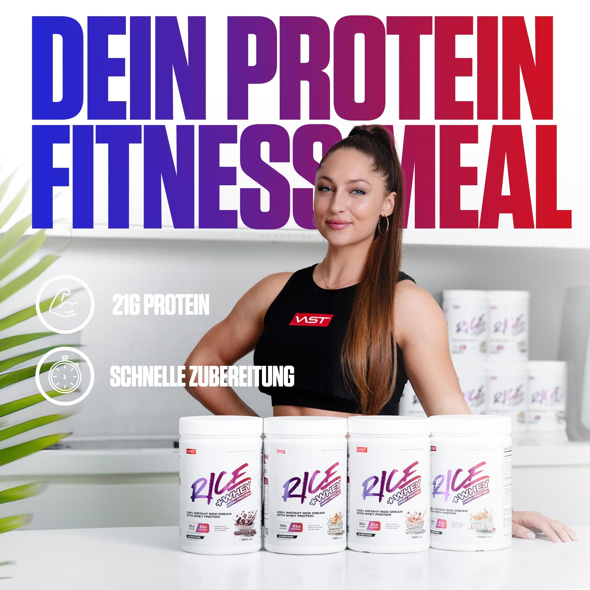 VAST RICE+WHEY – 900g – Instant Reispudding mit Whey Protein – Hoher Proteingehalt – Schnelle Zubereitung – Ideal als Frühstück oder Preworkout – Ohne Zuckerzusatz, glutenfrei (900g, Apple Pie)