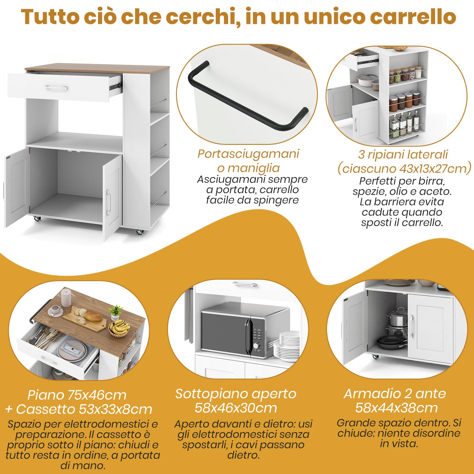 RELAX4LIFE Carrello Cucina Salvaspazio con Ruote PU 38mm, Cassetto e Armadio 2 Ante, 3 Ripiani Portaspezie Laterali, Piano Largo 75x46cm e Sottopiano Aperto per Microonde, Capacità 105kg