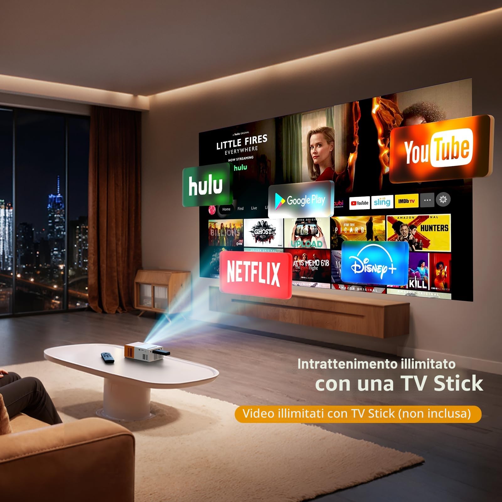 Proiettore PVO WiFi Film Portatile, Schermo del Telefono può Essere Specchiato al Proiettore in Modalità Wireless o Tramite Cavo Dati, Compatibile con Phone/Tablet/Laptop/TV Stick/USB (YG300ProMax)