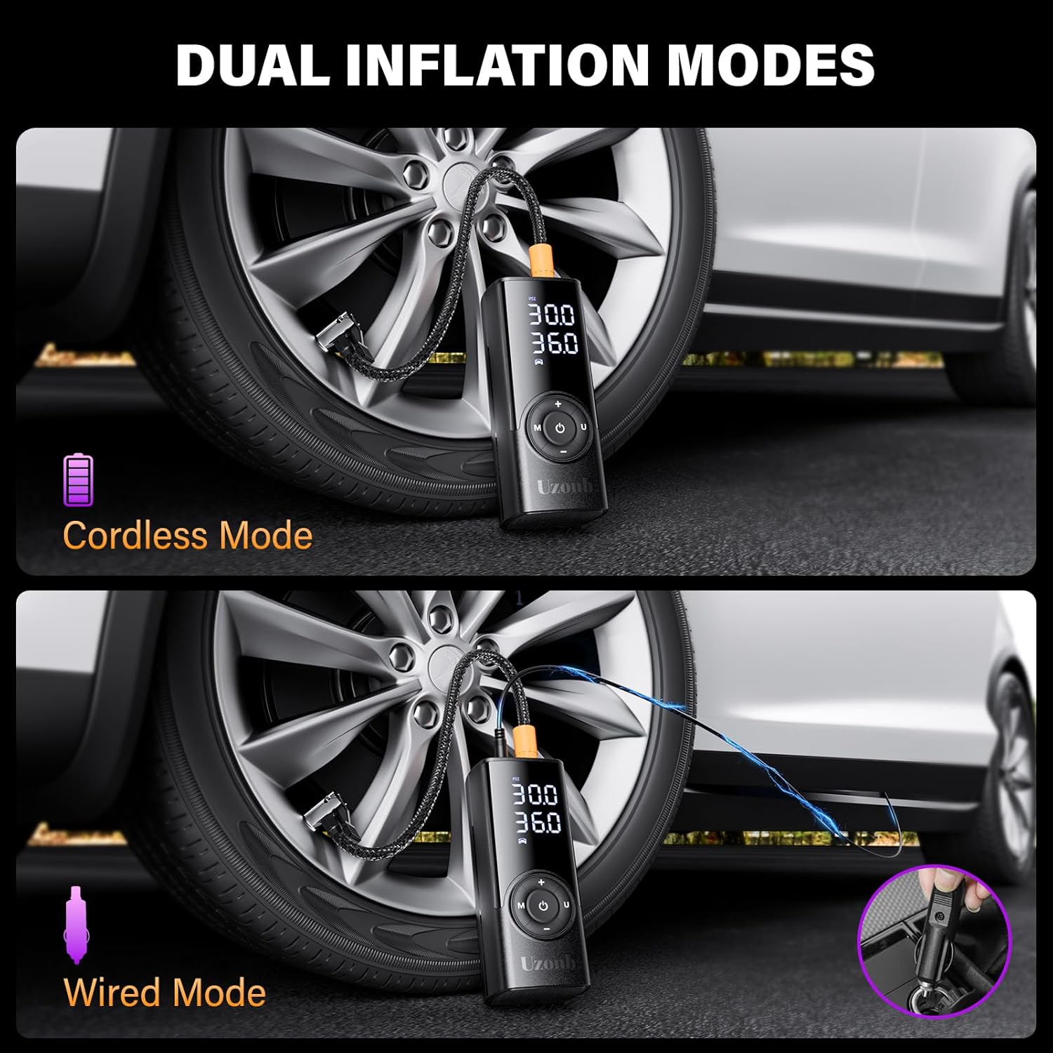 10000mha & 150 Psi Tire Inflator Portable Air Compressor - 12V Car Tire Air Pump Portable with Pressure Gauge - One Minute Fast Inflation, Ideal for Car, Motorcycle, Bicycle and More