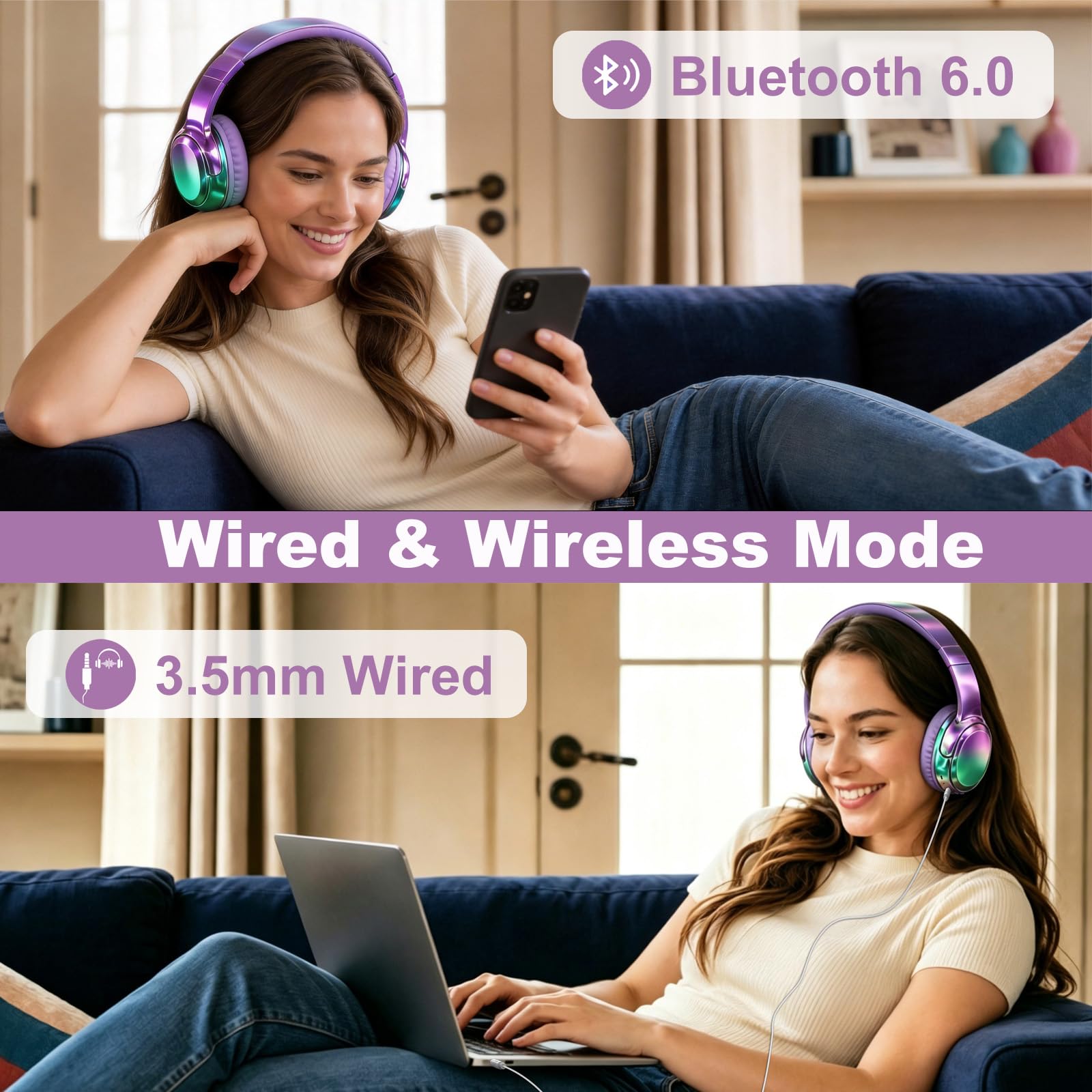 Joysico Auriculares Bluetooth para niños, adolescentes, niñas, mujeres, con micrófono, tiempo de reproducción de 55 horas, límite de volumen de 85/94 dB, cable auxiliar para uso escolar, viajes
