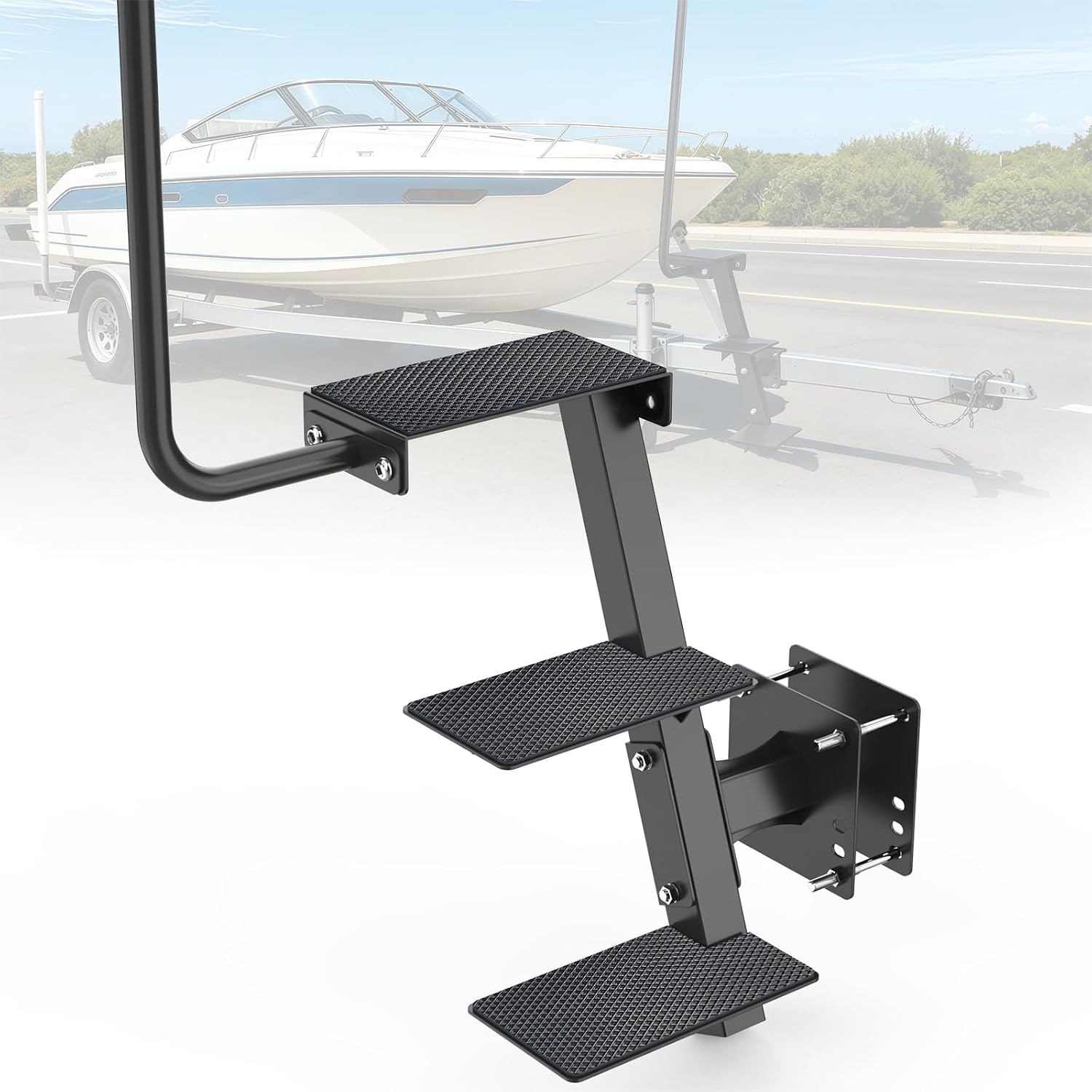 【2026 Upgraded】 3 Steps Heavy Duty Boat Trailer Steps with Adjustable Handle, Universal Fit for 3" x 3", 4" x 4" & 3" x 5", Non-Slip Surface, 450Lbs Capacity