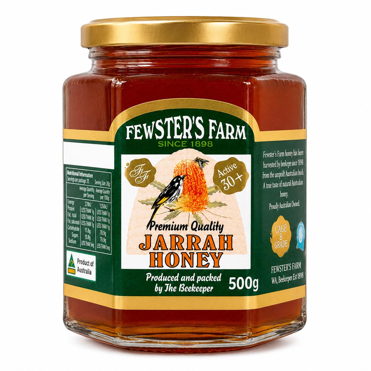 Fewster's Farm TA 30+ Jarrah Honig 500 g – Jarrah-Honig ist Nektar, der von Bienen aus den Blüten des Jarrah-Baums gesammelt wird.