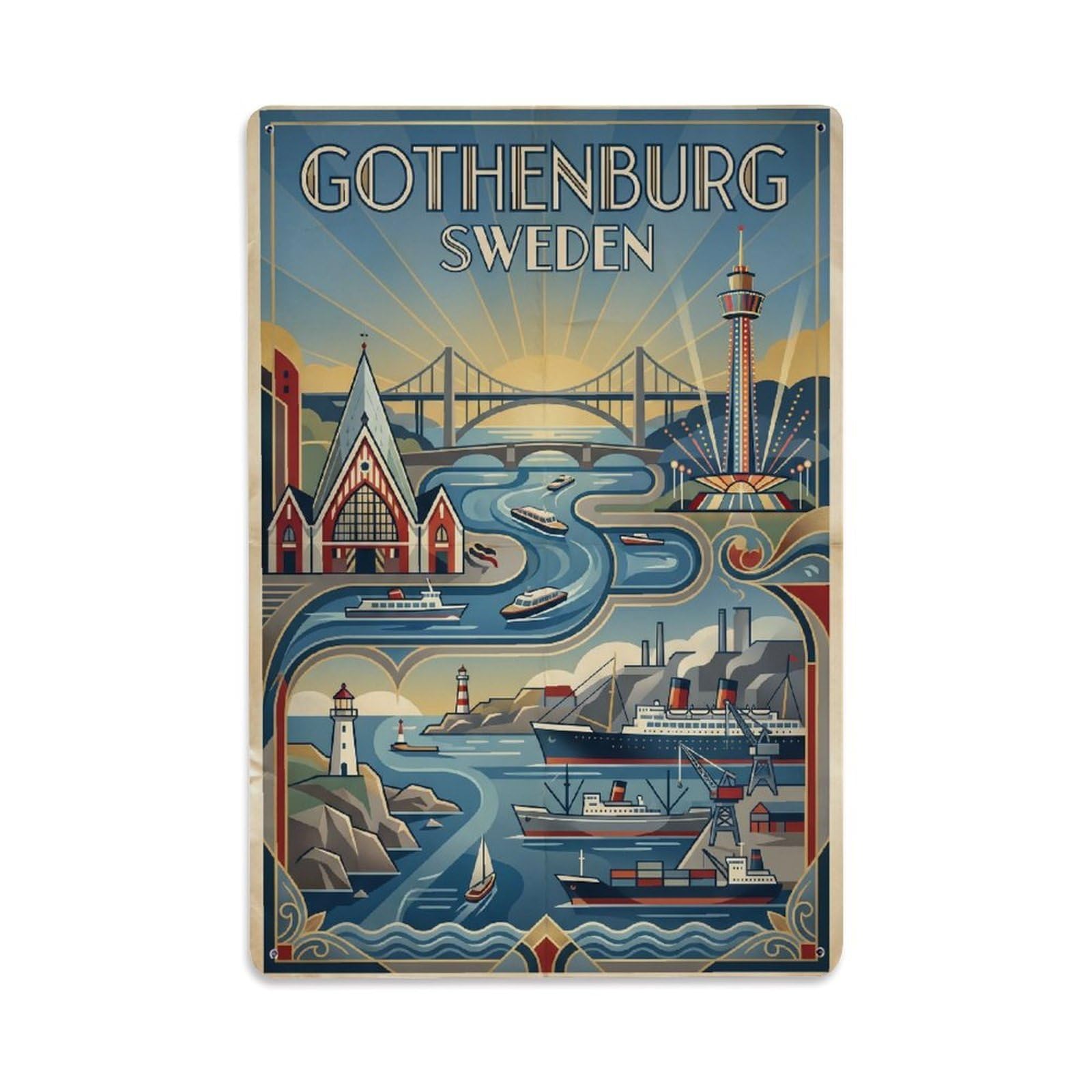 Travel Retro Sweden Gothenburg Metal Tin Sign Plaque Wall Decor for Cafe, Club Bar, Office, Garden Metal Poster 8x12Inch
