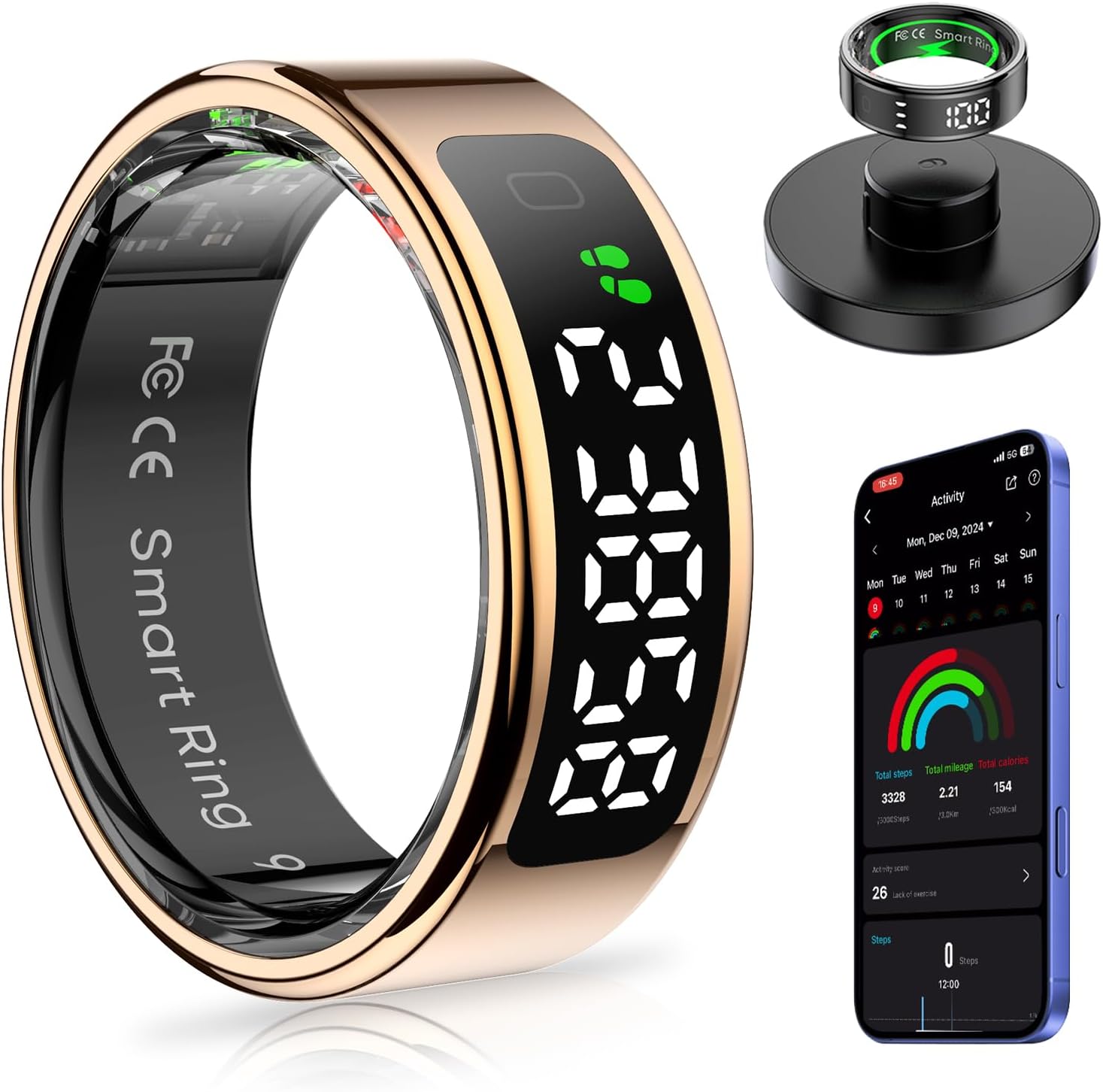 Smart Ring with Display Screen Health Tracker and Touch Button, Bluetooth Connection Health Monitor Tracks Heart Rate/Blood Oxygen/Sleep/Sports Activities, IP68 Waterproof (Gold, 10#)