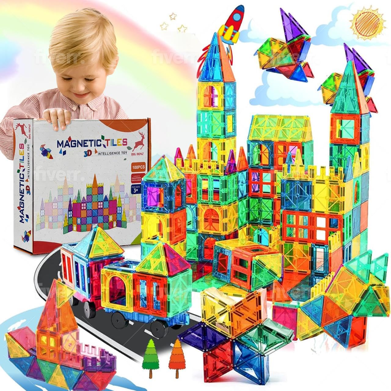 100Piece Magnetic Building Tiles Set for Kids Ages 3+ STEM Educational Toy for Boys & Girls 3D Magnet Puzzles Stacking Blocks for Learning FunHuge Set with 2 Cars & Preschoolers Ideal Gift(BIG HONZ)
