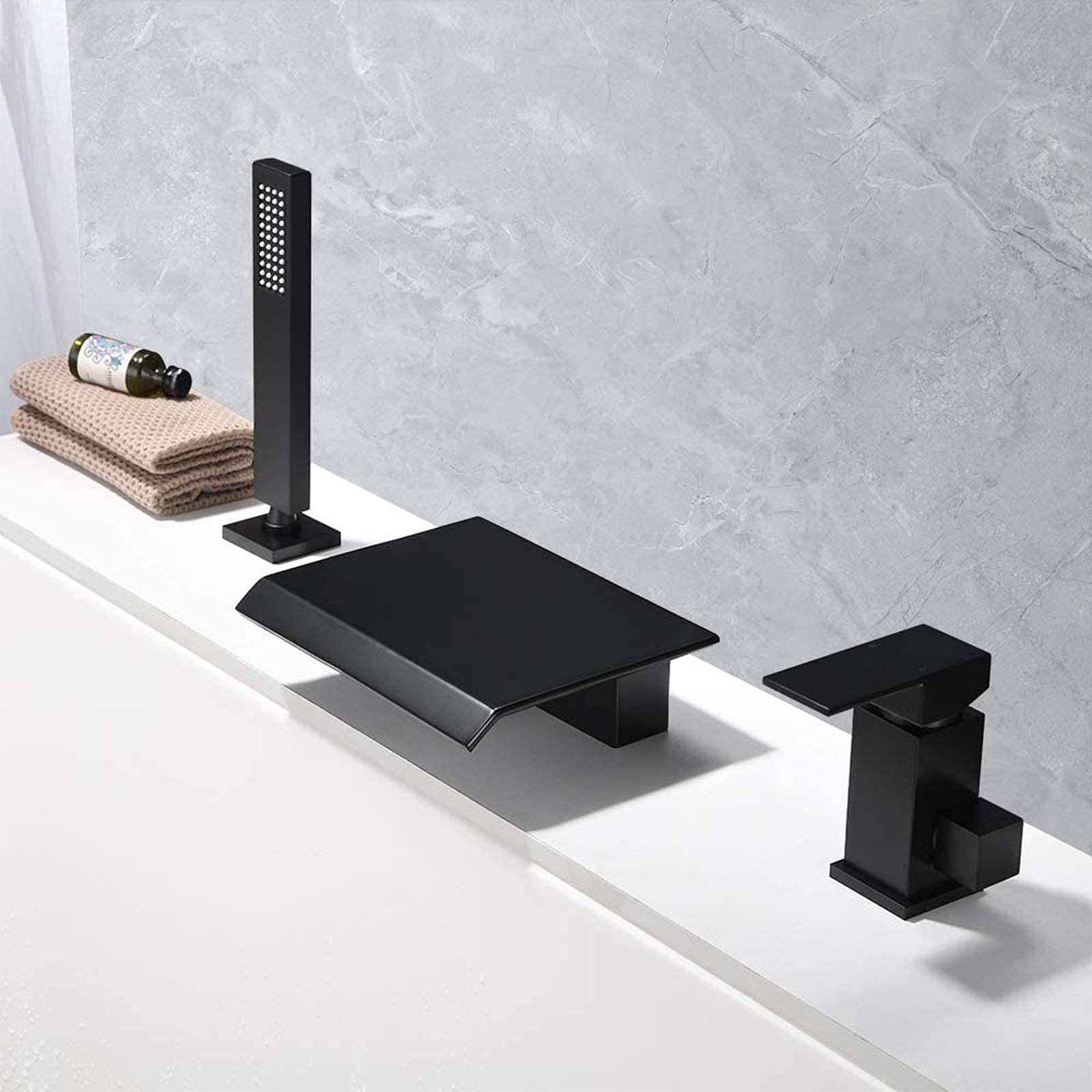 CWCQGH Waterfall Bathtub Faucet Black, Tub Faucet with Hand Shower, 3 Holes Single Handle Deck Mounted Bathroom Bathtub Faucet, Bath Mixer Tap