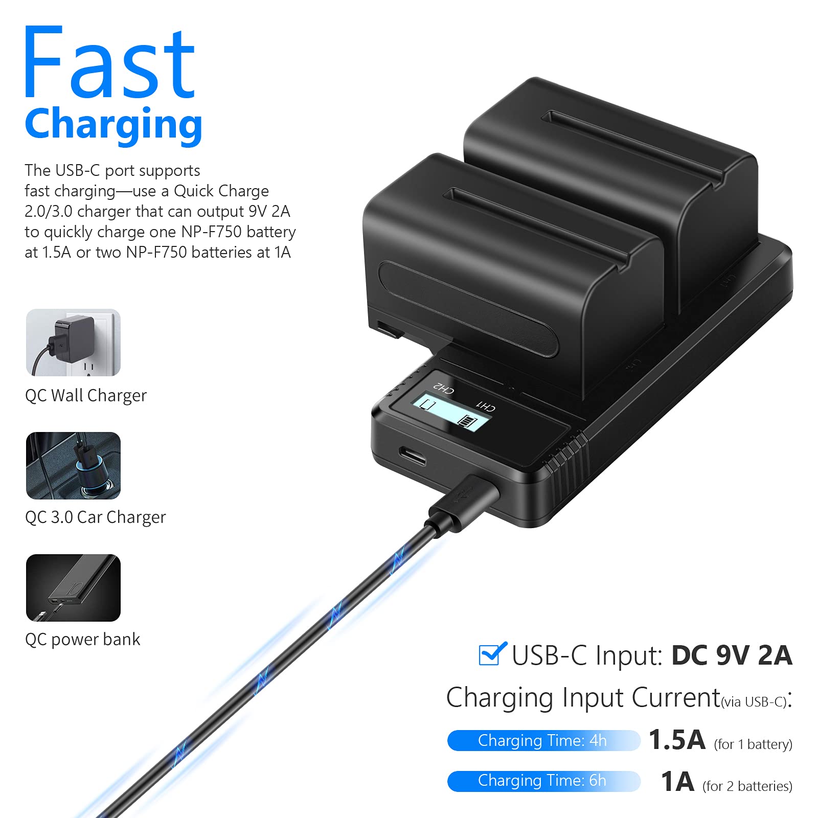 Neewer 2pz Batteria a Litio Sostitutiva NP-F750 5600mAh con Caricabatterie Doppio, Compatibili con Sony NP-F970 NP-F960 NP-F950 NP-F930 NP-F770 NP-F750 NP-F570 NP-F550 & Sony Handycam