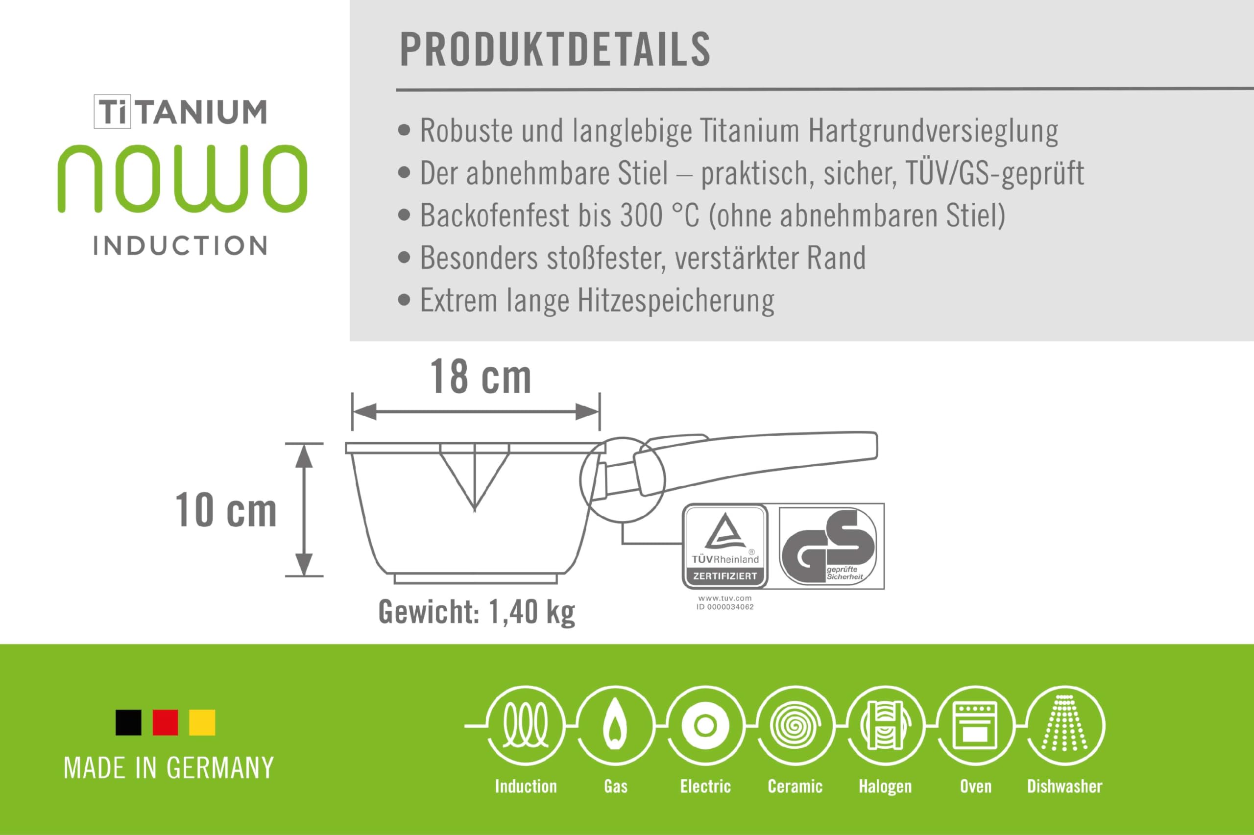 Woll Nowo tytanowy garnek ze szklaną pokrywką w pudełku – indukcyjny, Ø 18 cm, wysokość 10 cm, pojemność 2,0 l, 2 uchwyty boczne – nadaje się do wszystkich rodzajów kuchenek, aluminium, nadaje się do piekarnika, czarny