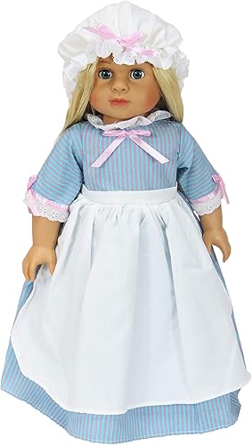 Miniatura 2 de American Fashion World Juego de vestido colonial azul y blanco para muñecas de 18 pulgadas  Sombrero incluido  Calidad premium y diseño moderno