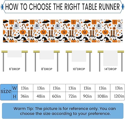 Miniatura 2 de Camino de mesa de Halloween, calabaza, fantasma, murciélago, caramelo, camino de mesa de lino, 13 x 36 pulgadas, camino de mesa rústico de granja,