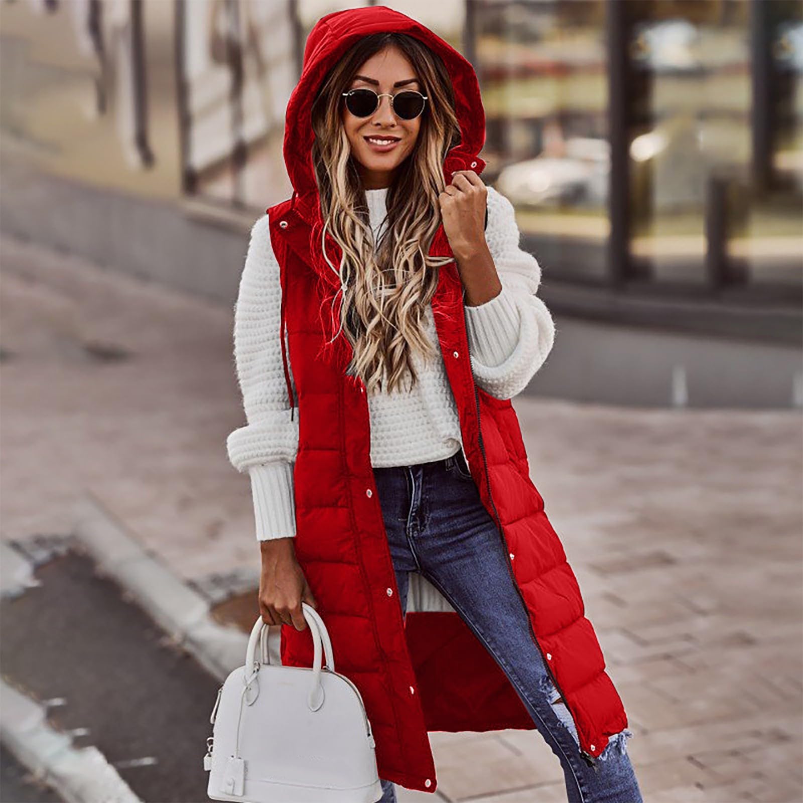Weste Damen Lang Steppweste Ärmellose Winterjacke Mit Kapuze Longweste