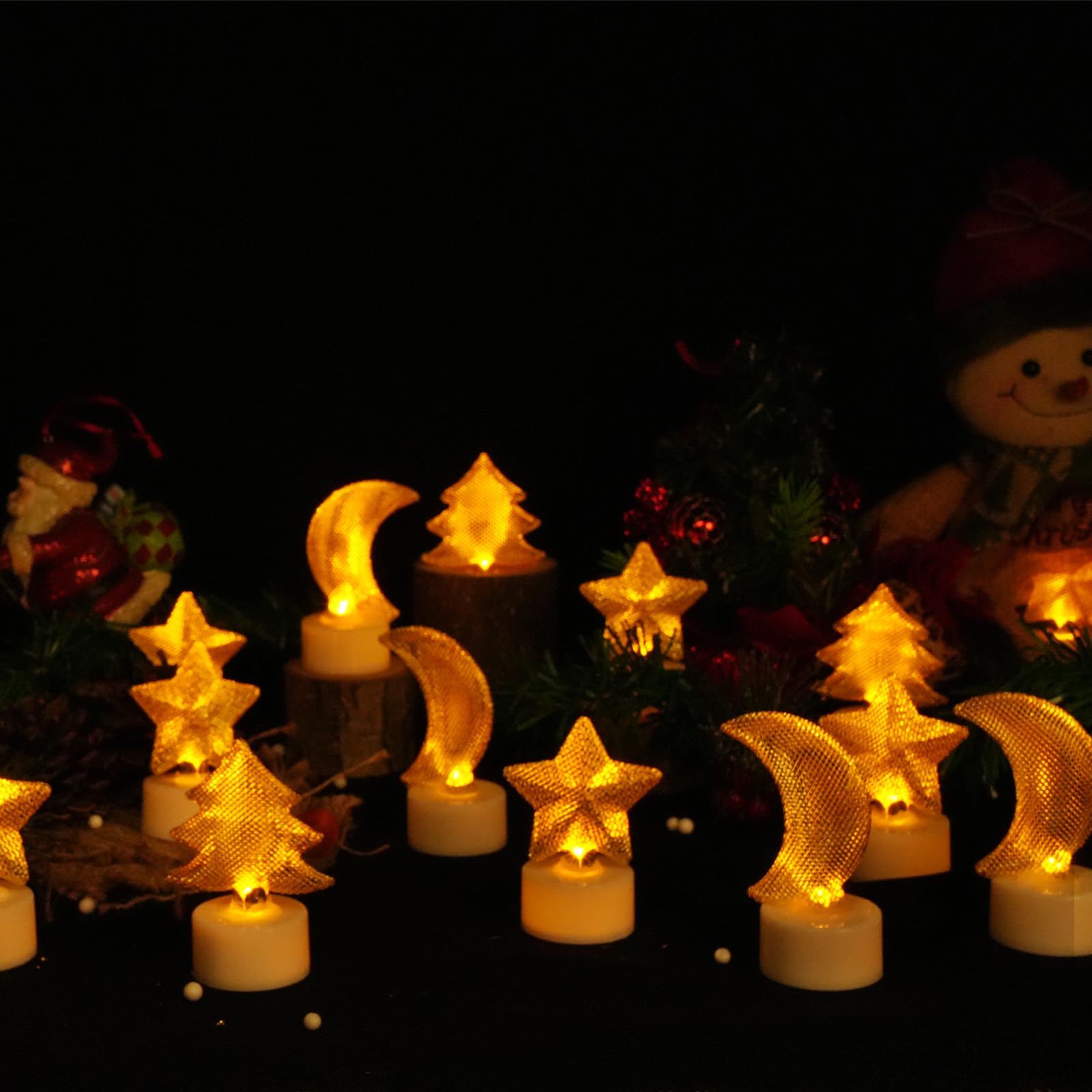 6 Candele Led Natalizie In Metallo Con Batteria - Forma Stella, Luna E Albero - Luci Da Tavolo Senza Fiamma Calde
