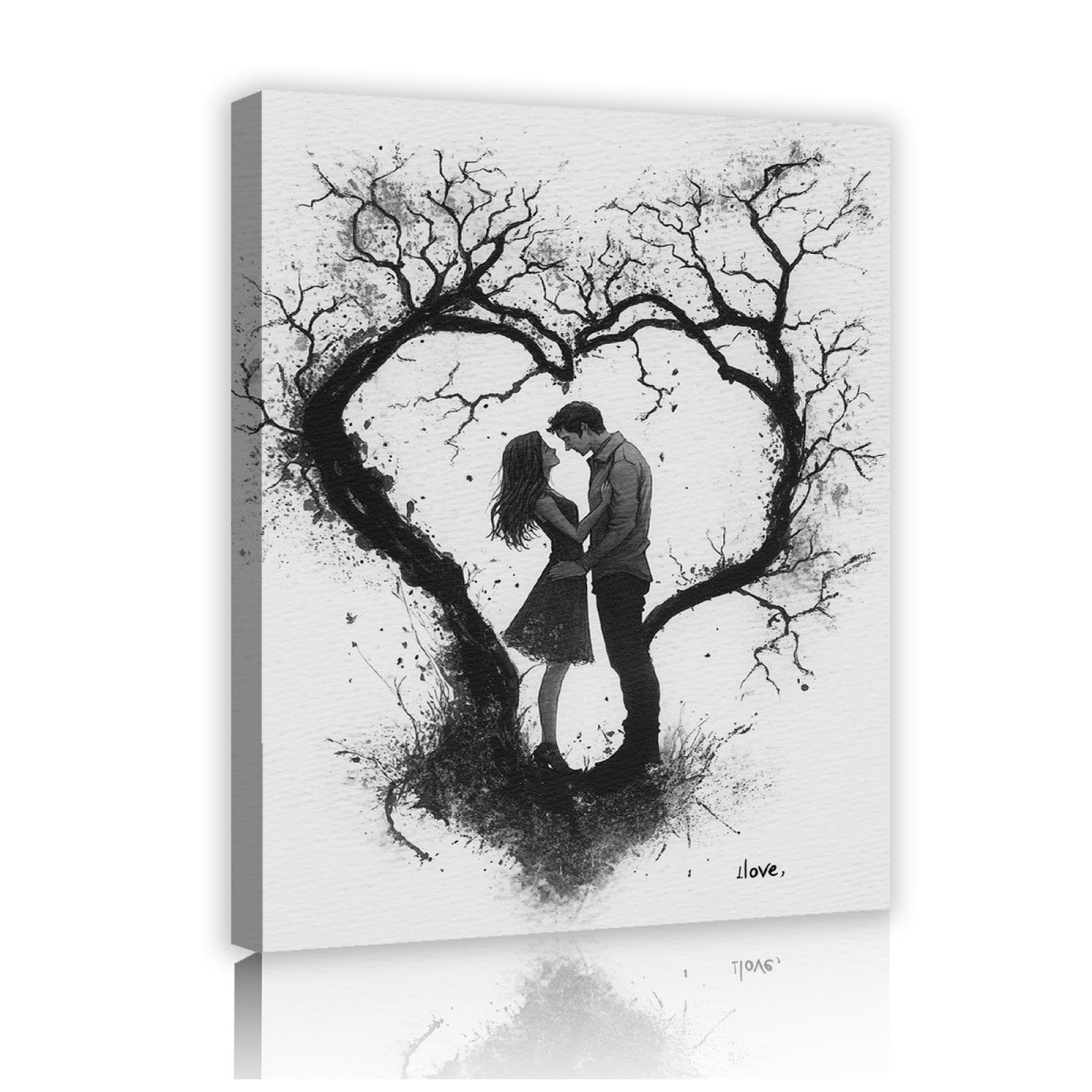 Creativo Amore Design Tela Arti Della Parete Rami A Forma Di Cuore E Giovane Coppia Opere D'arte Poster Per Il Soggiorno Lobby Room Wall Decor Bianco 60x80cm Innerframe