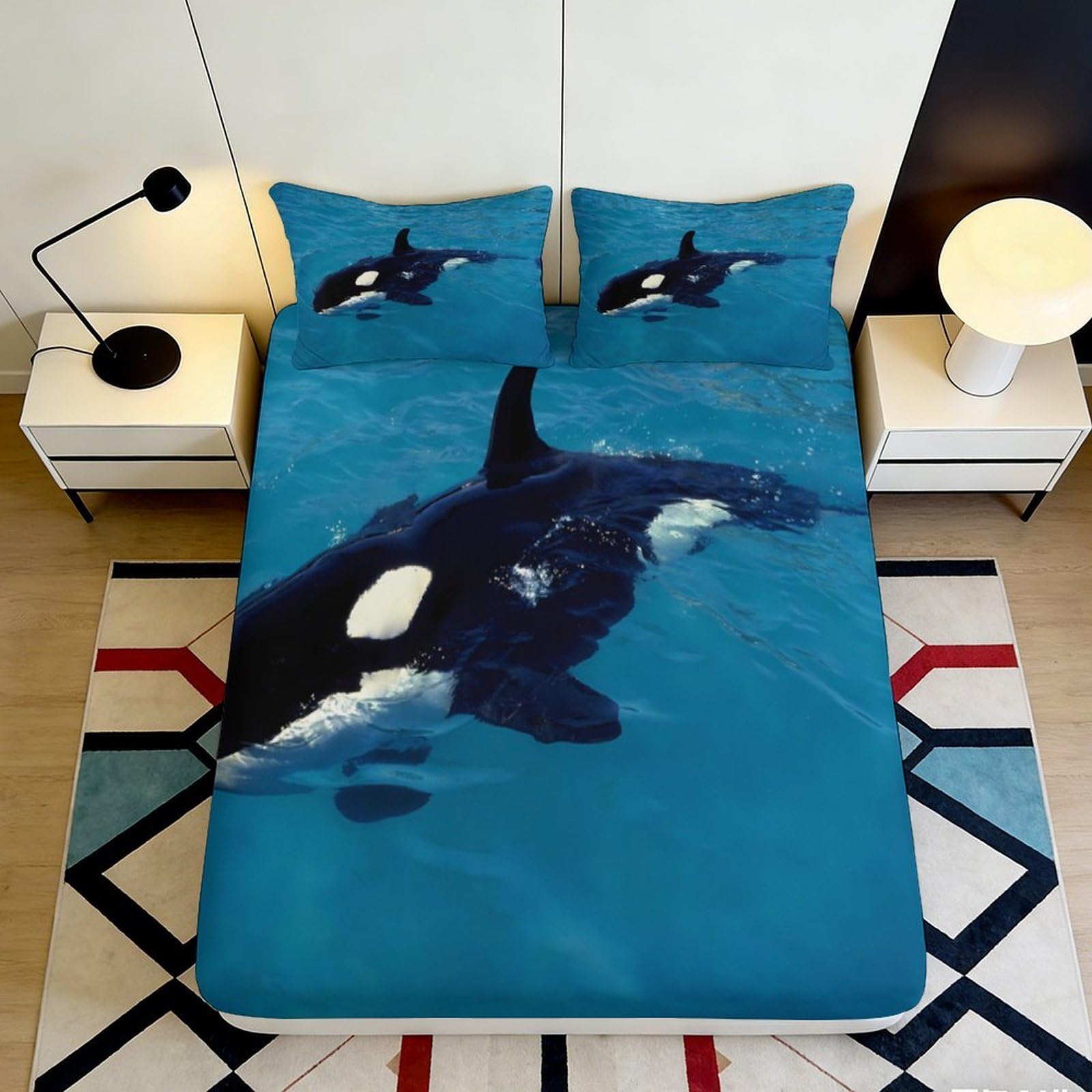 3D Printed Orca Ocean Fitted Sheet Microfiber Soft Blue Whale Mattress Cover for Bedroom Dorm Mattress Decor 90x200x25cm