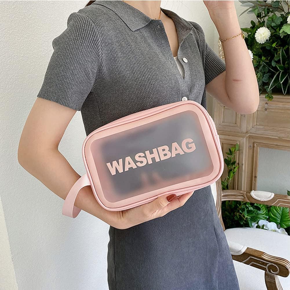 4PCS Clear Toiletry Bags, Wash Bag, Clear PU Makeup Bag, Waterproof Toiletry Travel Bag with Zipper Handle, Portable Airport Cosmetic Bag for Travel Bathroom Men Women (Pink) - Image 3