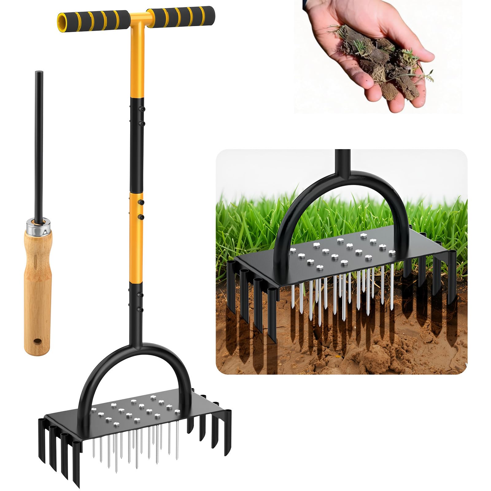 Scarificatore manuale per prato, 2 in 1, aeratore a denti cavi con 16 punte e 8 nuclei, scarificatore leggero da 98 cm e aeratore per la cura del giardino e del cortile