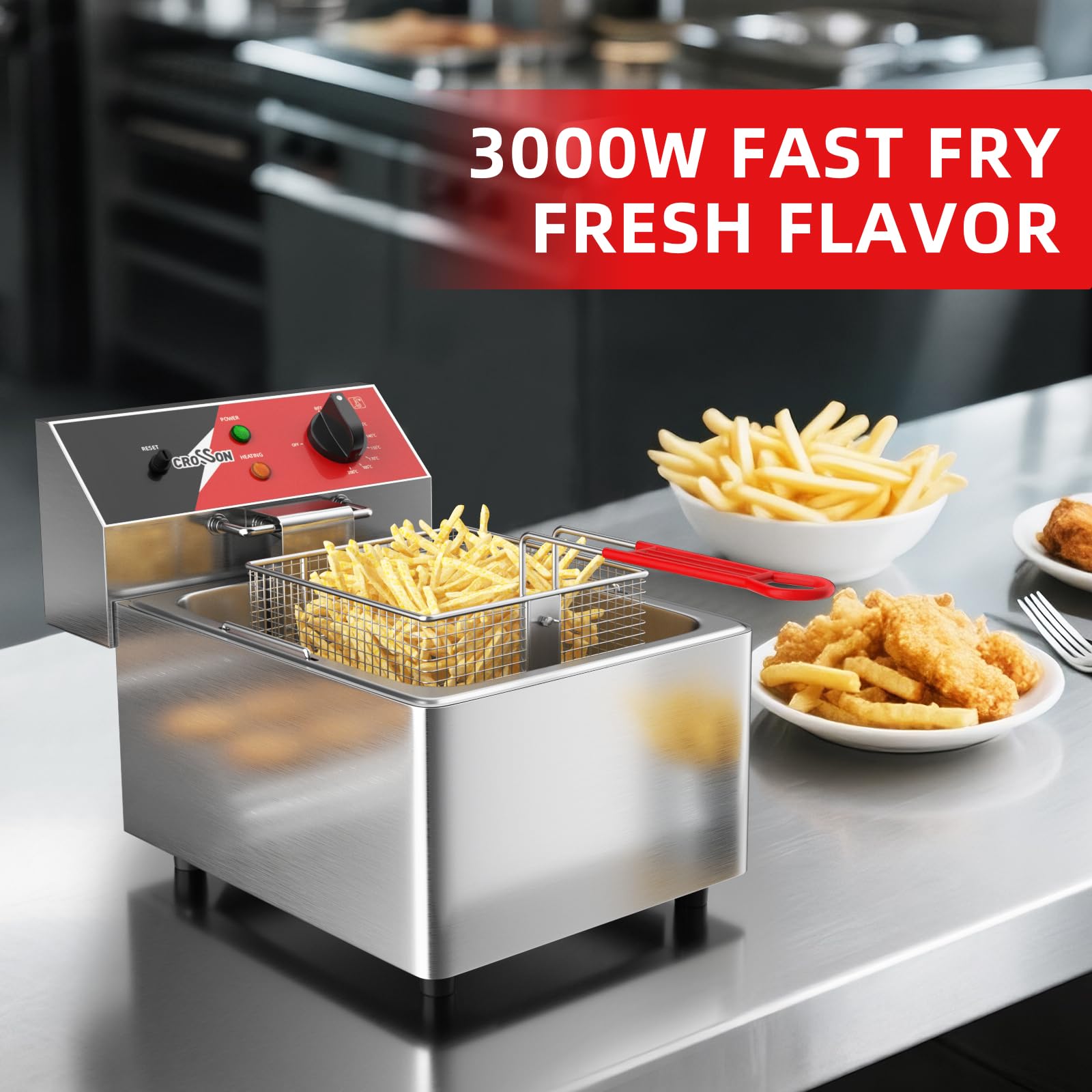 Friteuse électrique CROSSON 6L avec réservoir d’huile et poignée amovibles, panier et couvercle en treillis métallique solide, friteuses de comptoir commerciales légères - 230V, 3000W