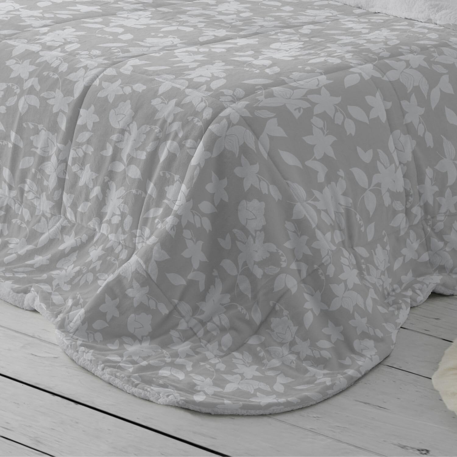 Burrito Blanco Edredón Nórdico Gris y Blanco | Edredón para Cama 90 (+ Medidas Disponibles) | Borreguillo | Invierno con Tacto Suave | Colcha de Invierno | Diseño de Hojas