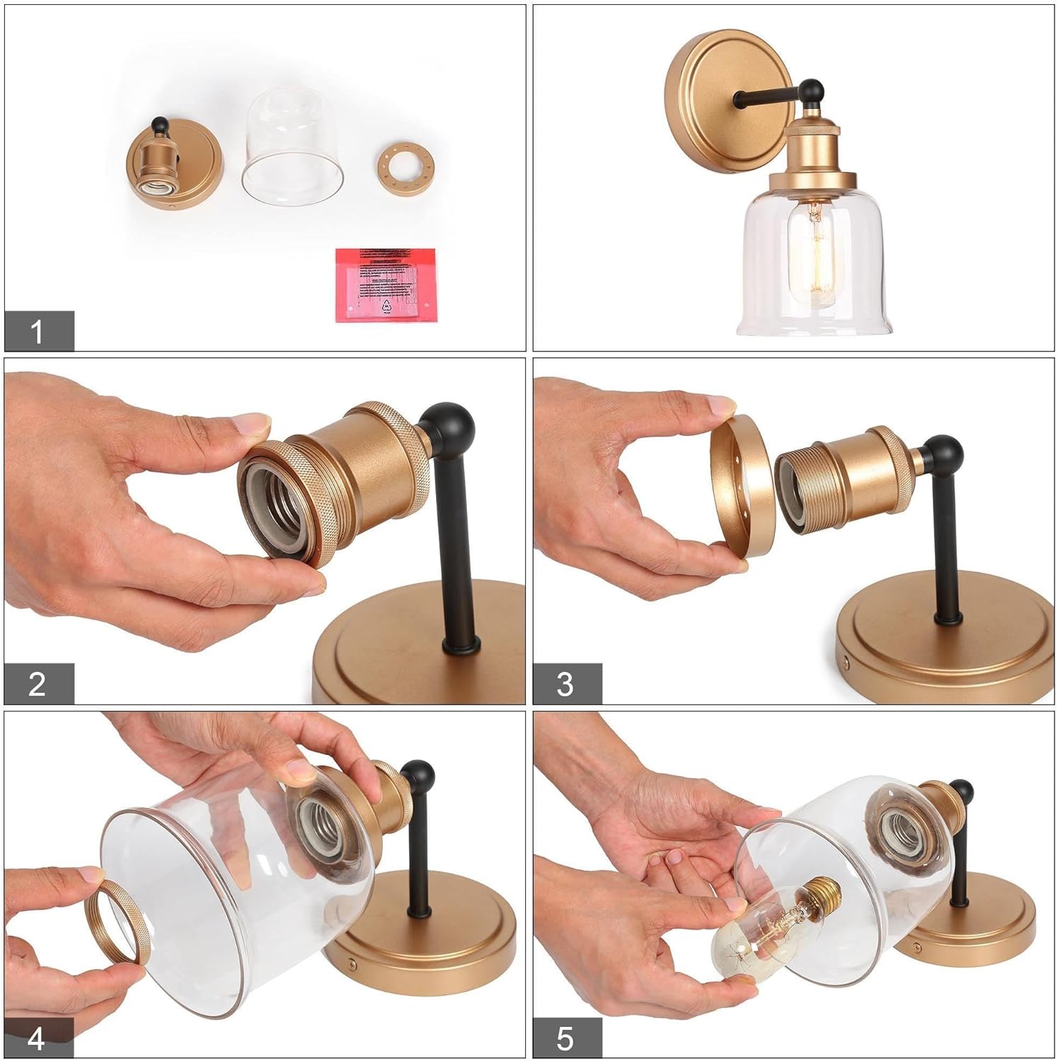 Sconce Wall Lighting, Black Gold Sconce Wall Mounted Light with Clear Glass, Modern Farmhouse Wall Sconce Mid-Century Wall Light Fixtures for Bedroom, Living Room, Hallway, Entryway,Stairway