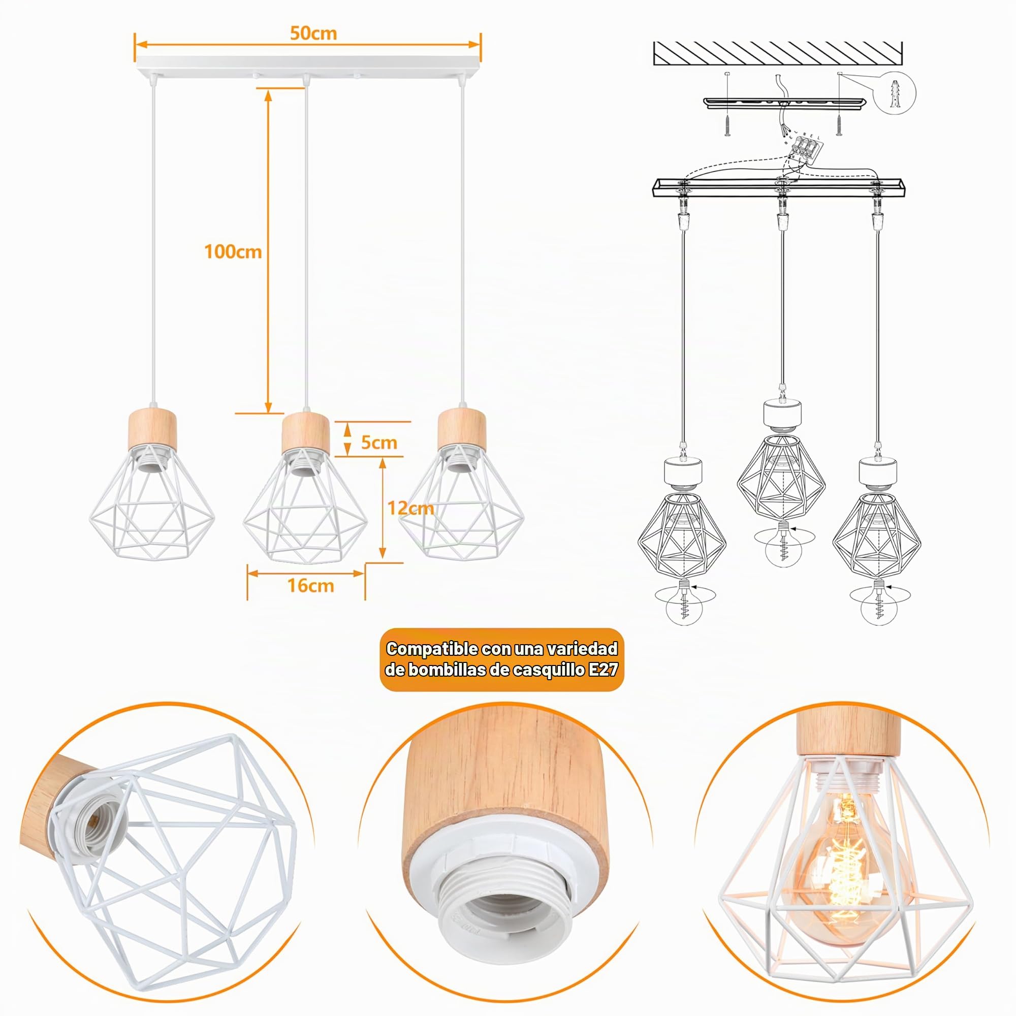 3 Luces Lámpara Colgante Vintage 16CM Retro Lámparas de Techo Diseño de Jaula Blanco Luz Colgante en Madera Hierro E27 Iluminación de Techo de Interior para Comedor Cocina (Araña 3 Luces B)