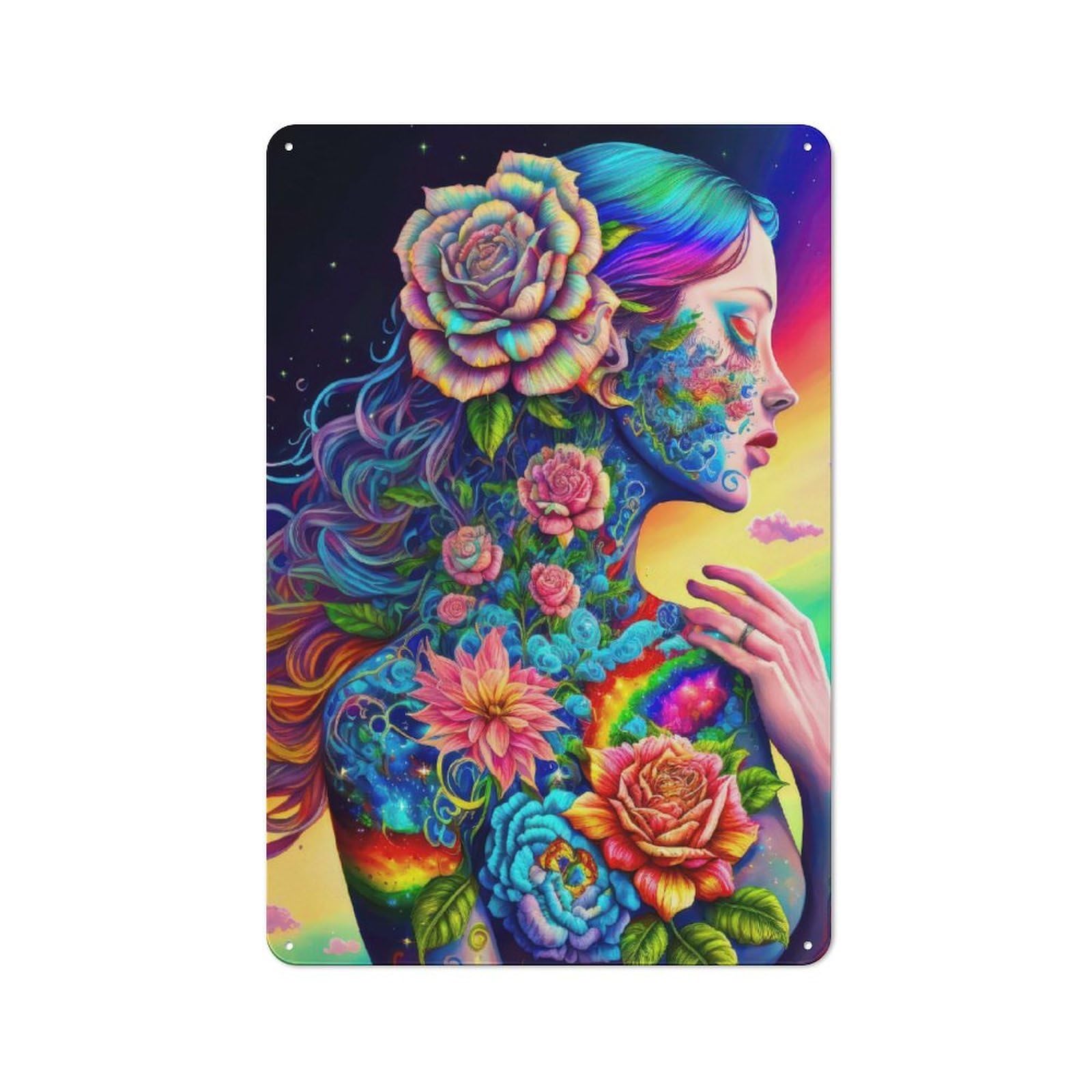 Junmoney Rainbow Flower Goddess 30X20cm Retro Metal Plaque With For Garage Or Workshop, Housewarming Present For People Styling Garage And Workshop