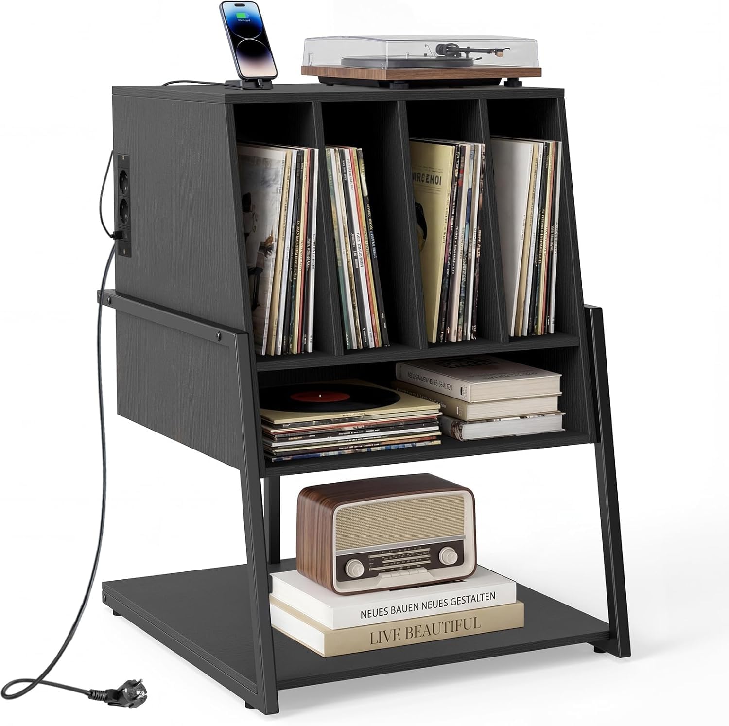 FANTASK Plattenspielerständer mit Ladestation, Vinyl Schallplattentisch mit breiter Tischplatte, 4 Trennwänden & unterem Regal, Schallplattenständer für Arbeitszimmer & Musikzimmer (Schwarz)