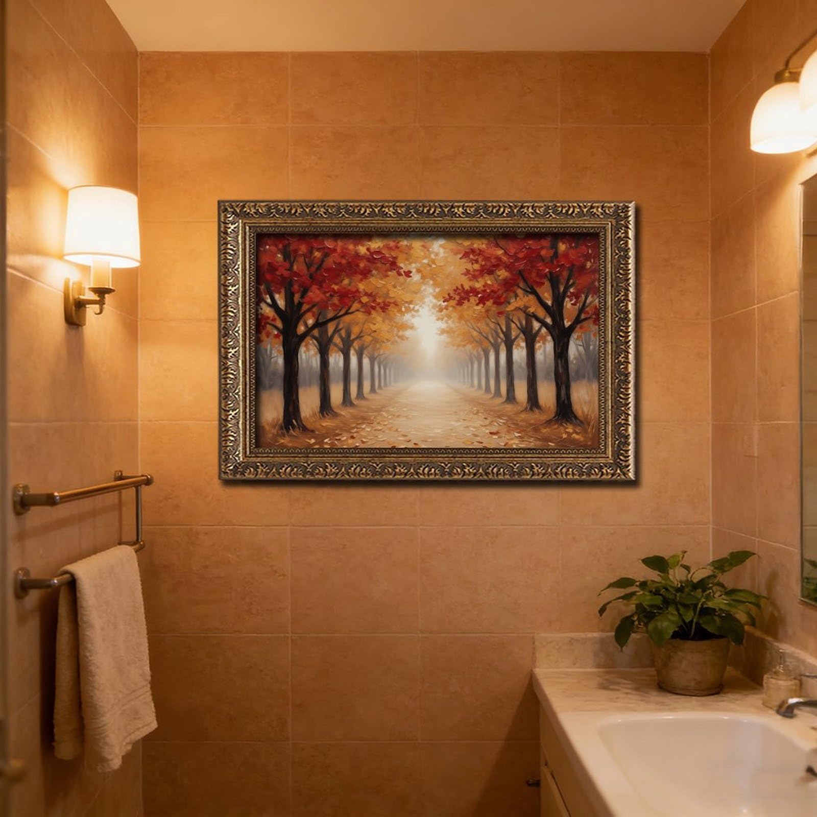 Mnyuein Póster de paisaje de bosque otoñal, 3 lienzos, decoración de pared, pinturas para sala de estar, dormitorio, marco dorado retro, 61 cm de largo x 91 cm de ancho