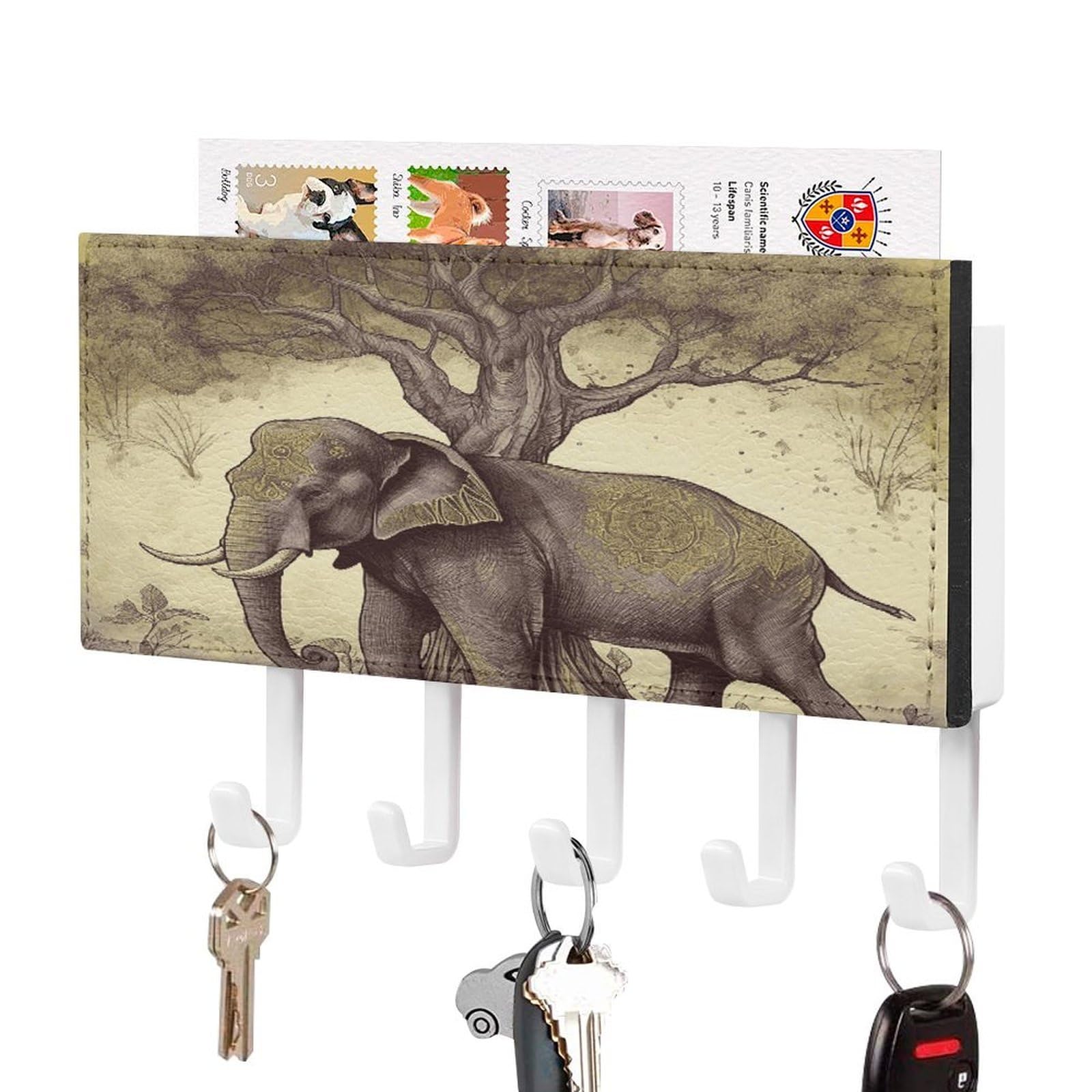 Fekiloot White-Style Asian Elephant With Tree Key Holder Wall Mount Key And Mail Holder Key Hanger With 5 Hooks Decorative Pu Key Rack Hanging Key Hooks For Wall Living Room Kitchen Bathroom Hallway