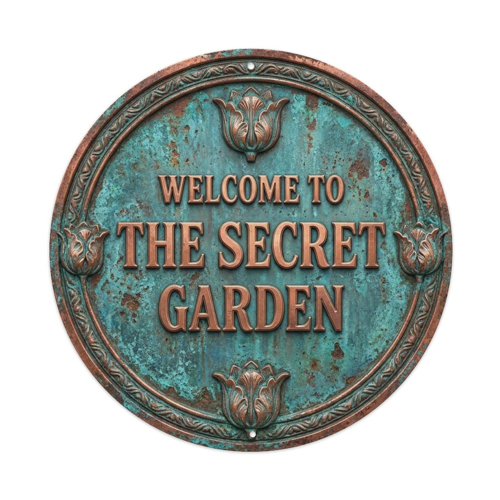Vintage Welcome Secret Garden Copper Bluegreen Tulip Metal Tin Sign