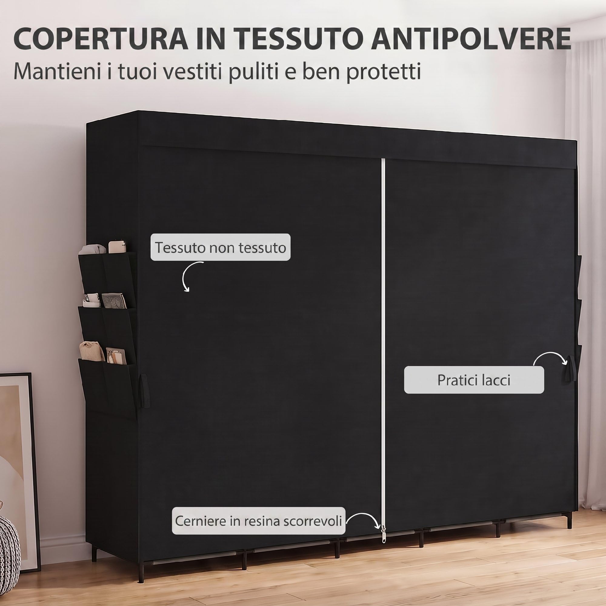 HOMCOM Armadio in Tessuto Salvaspazio 5 Aste 5 Ripiani 212x45x167 cm, Nero