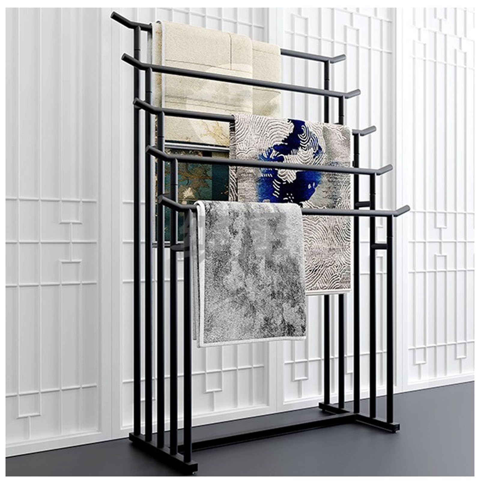 SWENEEN Floor Standing Scarf Display Stand, Movable Metal Scarf Holder For Shawls, Belts, And Towels, Space-Saving Shelves For Commercial Clothing Retail Store,Black-120 * 50 * 170cm