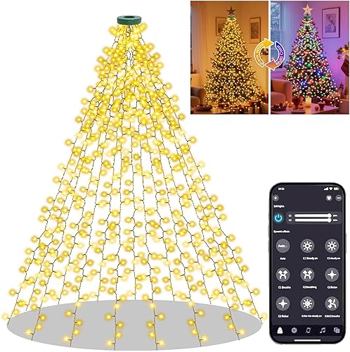 Luces inteligentes para árbol de Navidad, control por aplicación, 6.56 pies, 16 líneas, 400 luces LED de decoración con anillo, escenarios de
