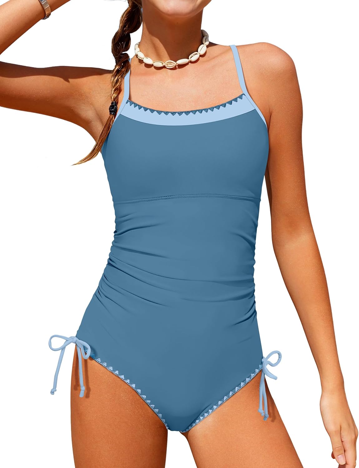 BAVADER Girls Swimsuit One Piece Modest Girls Bathing Suit Solid Square Neck Ruched Adjustable Straps Padded Swimwear 9-16y