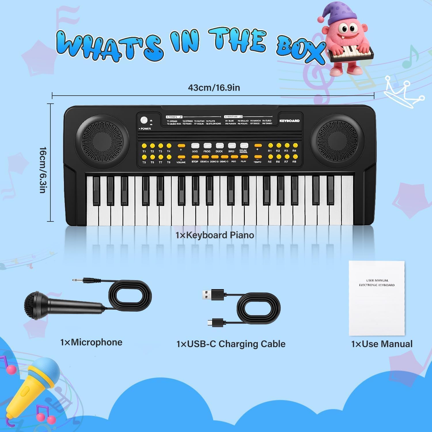 Piano Clavier Jouet pour Enfants Piano Électrique 37 Touches | avec Microphone, Jouets pour Filles Garçons de 3 4 5 6 7 Ans, Cadeaux d'Anniversaire et de Noël,Noir