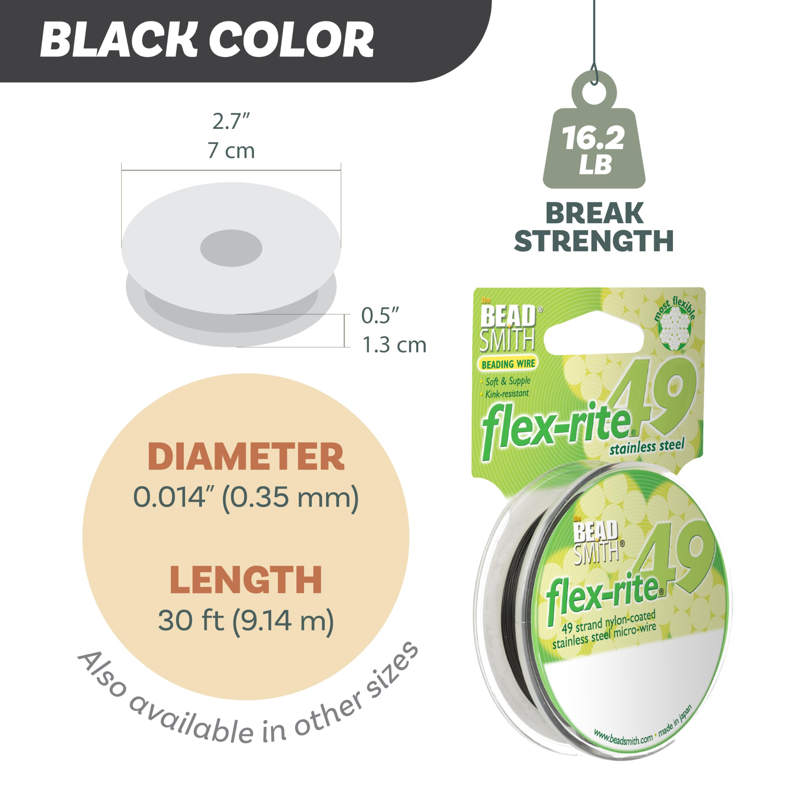 The Beadsmith Flex-Rite Beading Wire – 49-żyłowy drut ze stali nierdzewnej powlekany nylonem, średnica 0,014" (0,35 mm), czarny, szpula 30 stóp, wytrzymały sznurek do naszyjników i bransoletek
