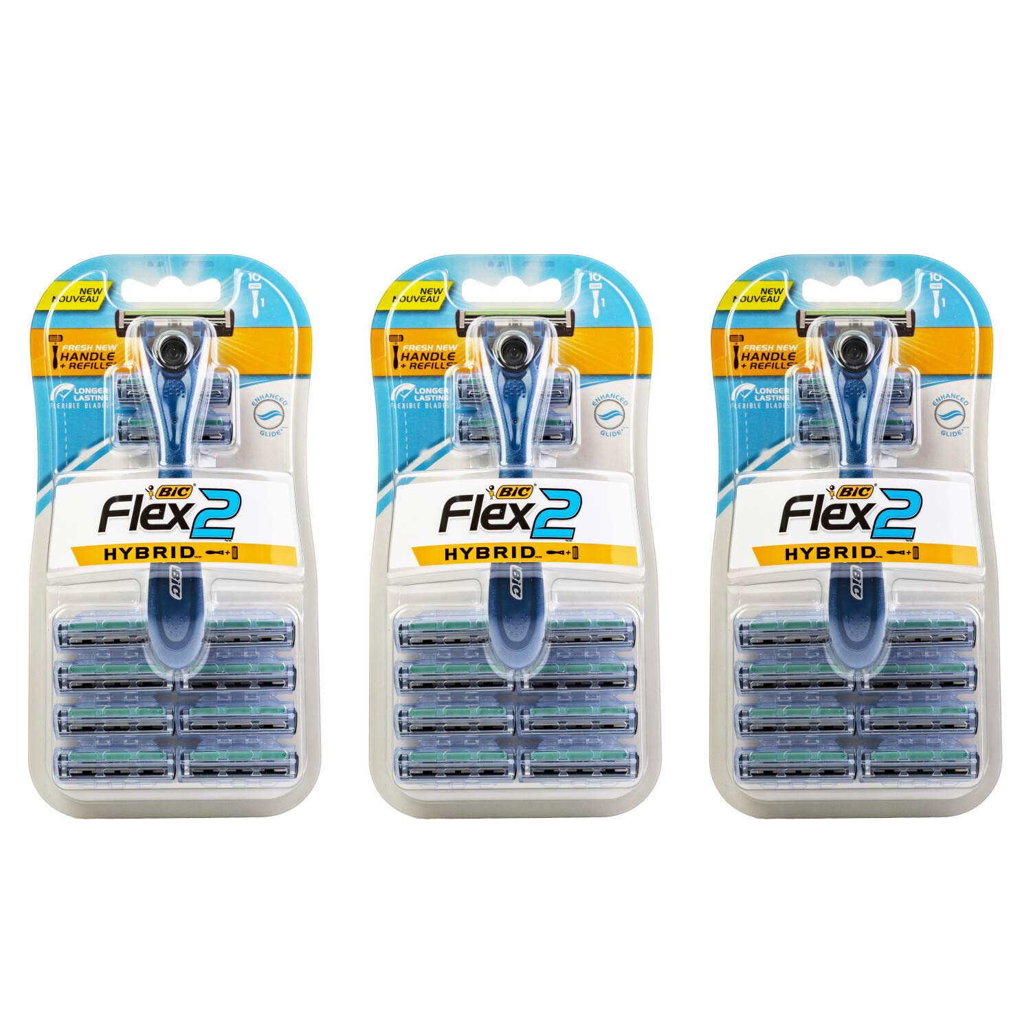 Bic Flex 2 Hybrid Razor - 1 Handle & 10 Cartridges Per Package - Pack of 3 Packages