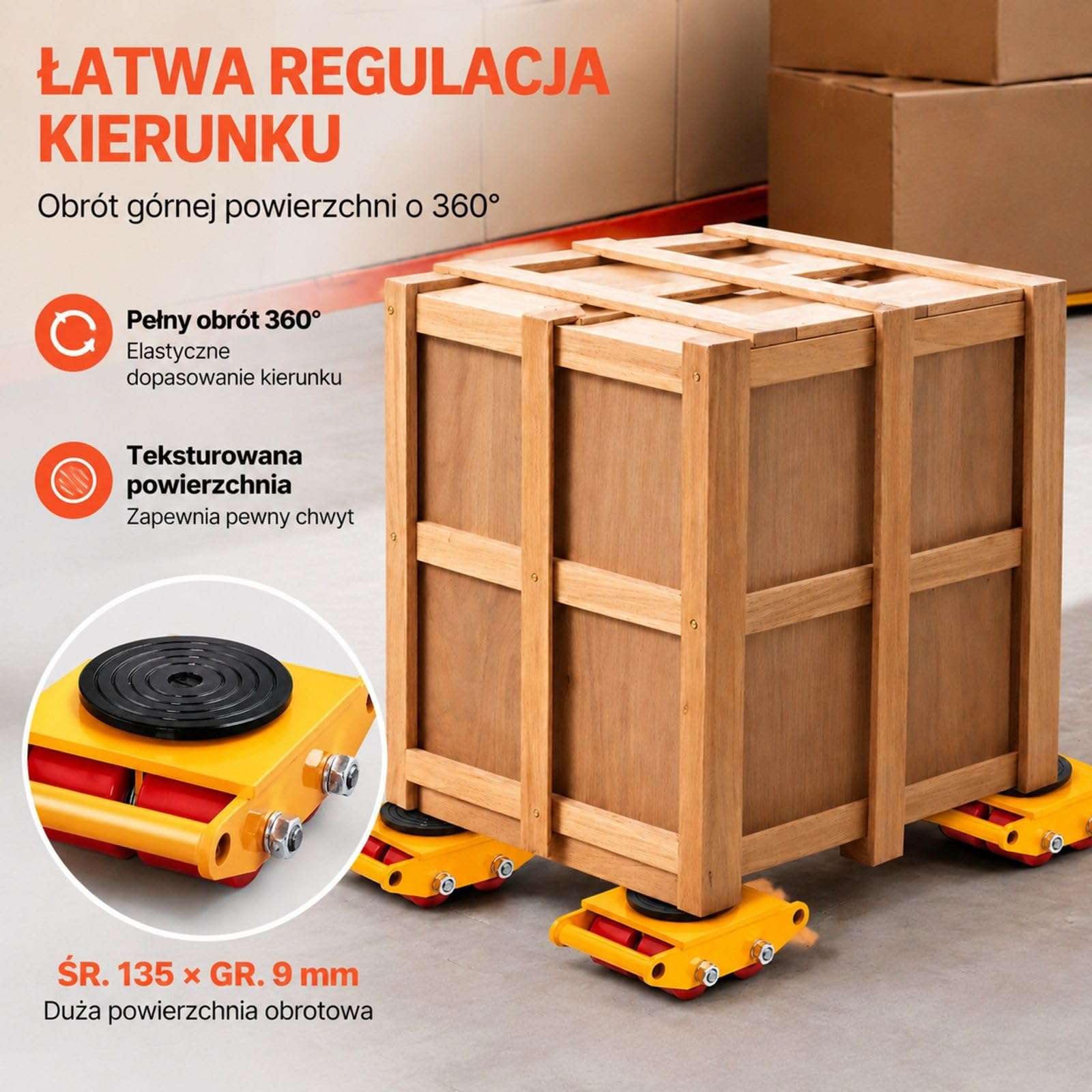 Rolki transportowe ze stali węglowej z 4 kołami PU i obrotową płytą do transportu mebli