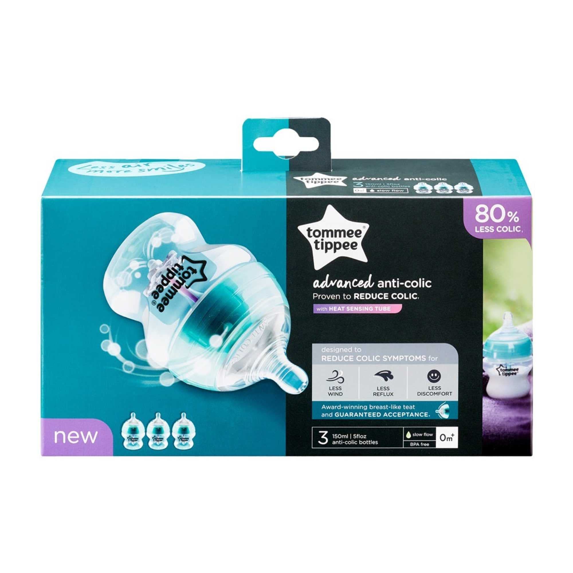 Tommee Tippee Biberon Anticolica, Tettarella Simile al Seno a Flusso Lento e Esclusivo Sistema di Ventilazione Anticolica, 150ml, Confezione da 3, Neutro