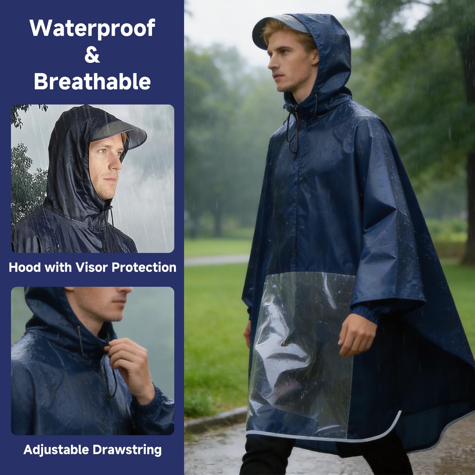 Regenponcho Fahrrad Damen & Herren Regenschutz Wasserdichter Regencape mit Kapuze & Sichtfenster Regen Cape Coat Regenjacke Regenponcho mit 360° Reflektorstreifen für Nachtfahrten Outdoor