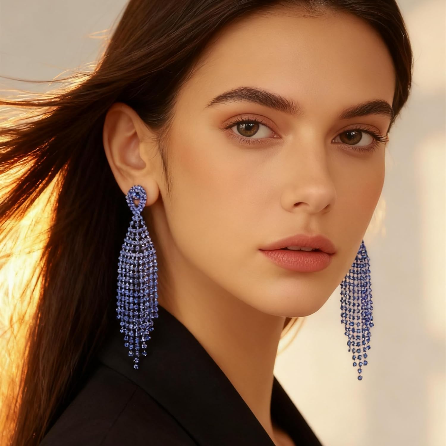 Rhinestone Earrings Dangling for Women Sparkly Silver Dangle Earrings Girls Long Chandelier Earrings Tassel Lightweight Ear Studs Cubic Zirconia (KE001S-W) - Image 4