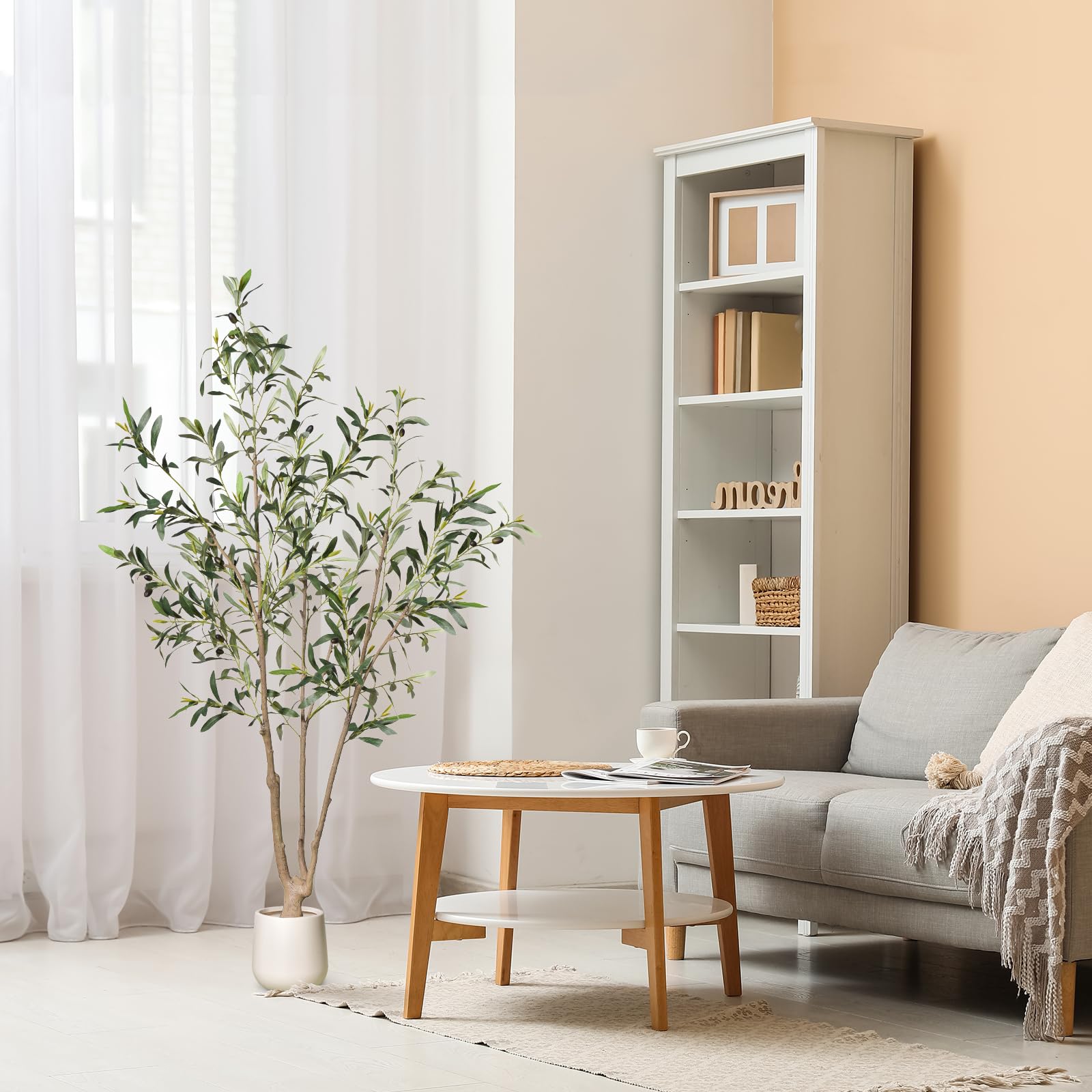 Phimos Albero di ulivo artificiale alto finto in vaso in seta con fioriera, grandi rami di ulivo e frutti, albero artificiale per casa, ufficio, soggiorno, decorazione per pavimenti interni (2 m