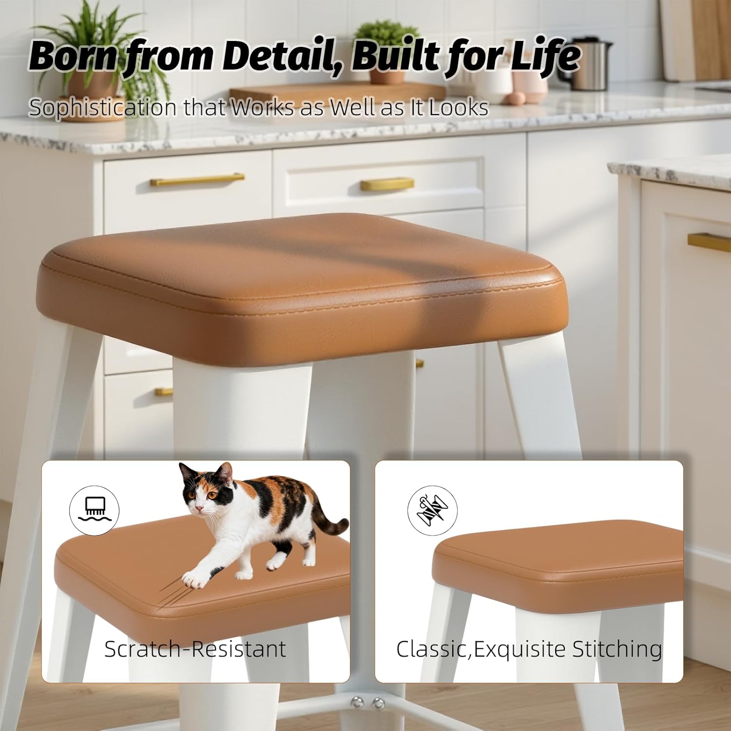 Metal Bar stools Set of 2, Upholstered Counter Height Bar Stools with Metal Legs, 26 Inch Industrial Barstools for Kitchen Island, Cafe (Brown Seat, White Legs)