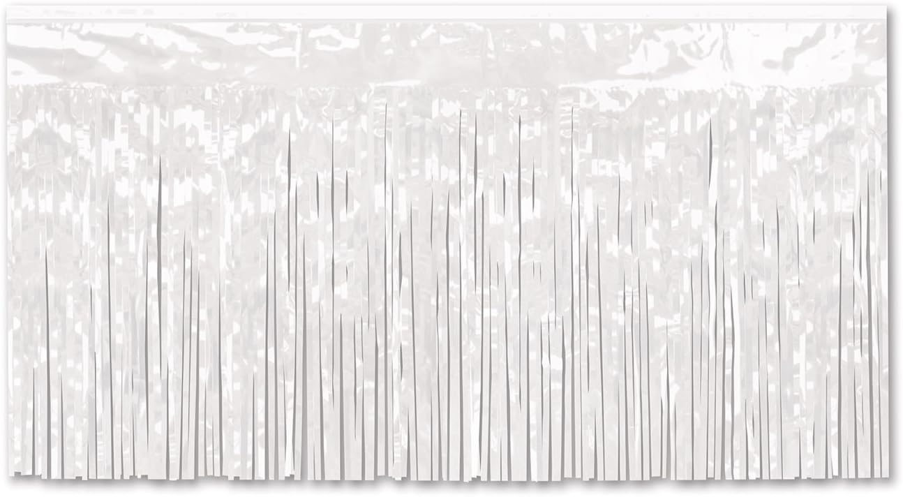 Metallic Curtains for Parties, 2 Ply Flame Resistant White Fringe Table Skirt 30 Inch x 14 Feet, Pack 6